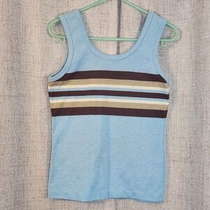 Vintage Rob Roy Striped Tank Top Boys Size 8 Blue Brown Stripes USA Made 1980s